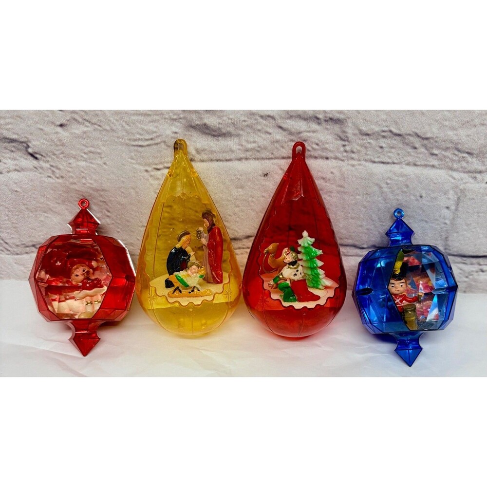 Vtg Jewel Brite Nativity Diorama Plastic Teardrop Faceted Ornament Lot of 4
